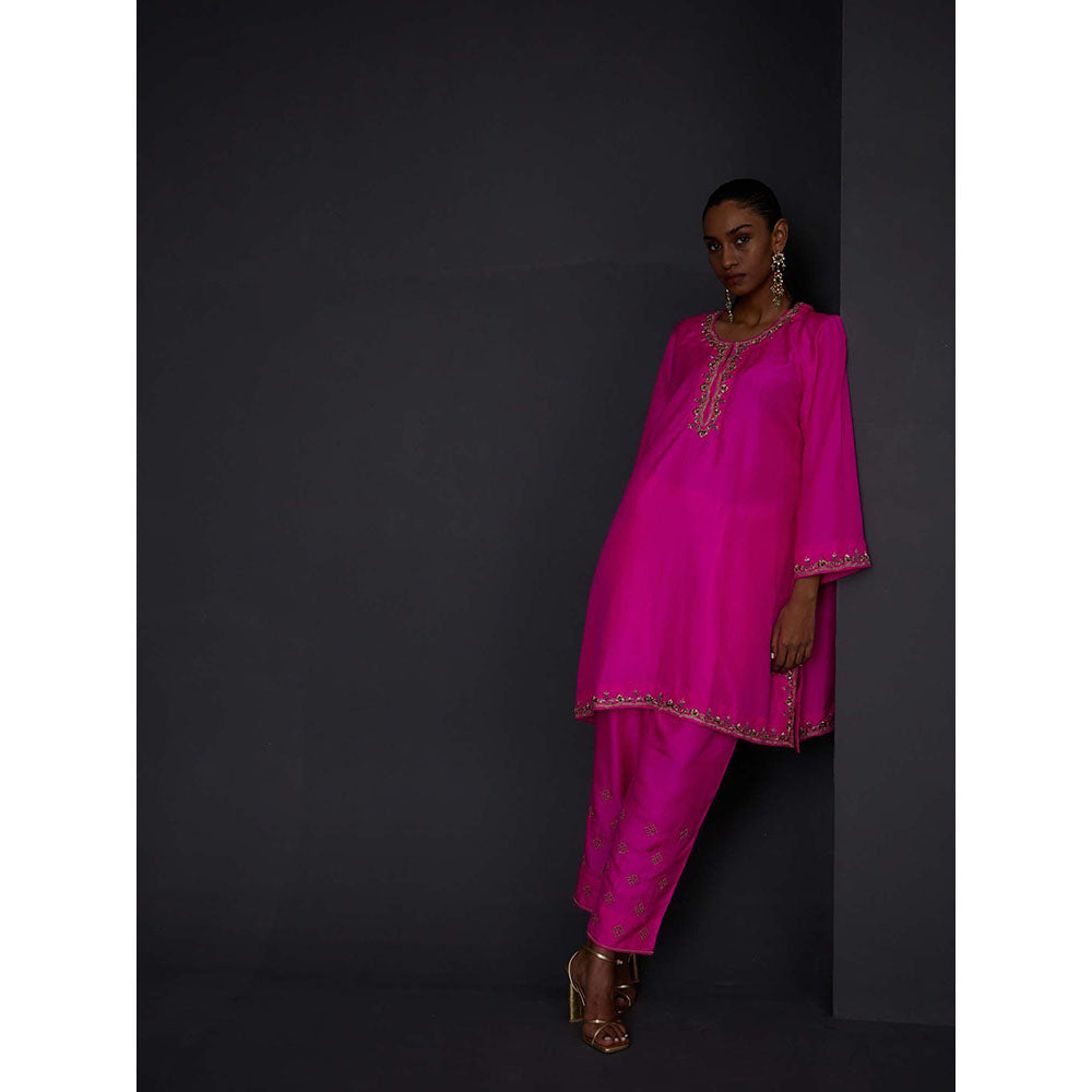 BRIH Hot Pink Embroidered Kurta with Pant (Set of 2)