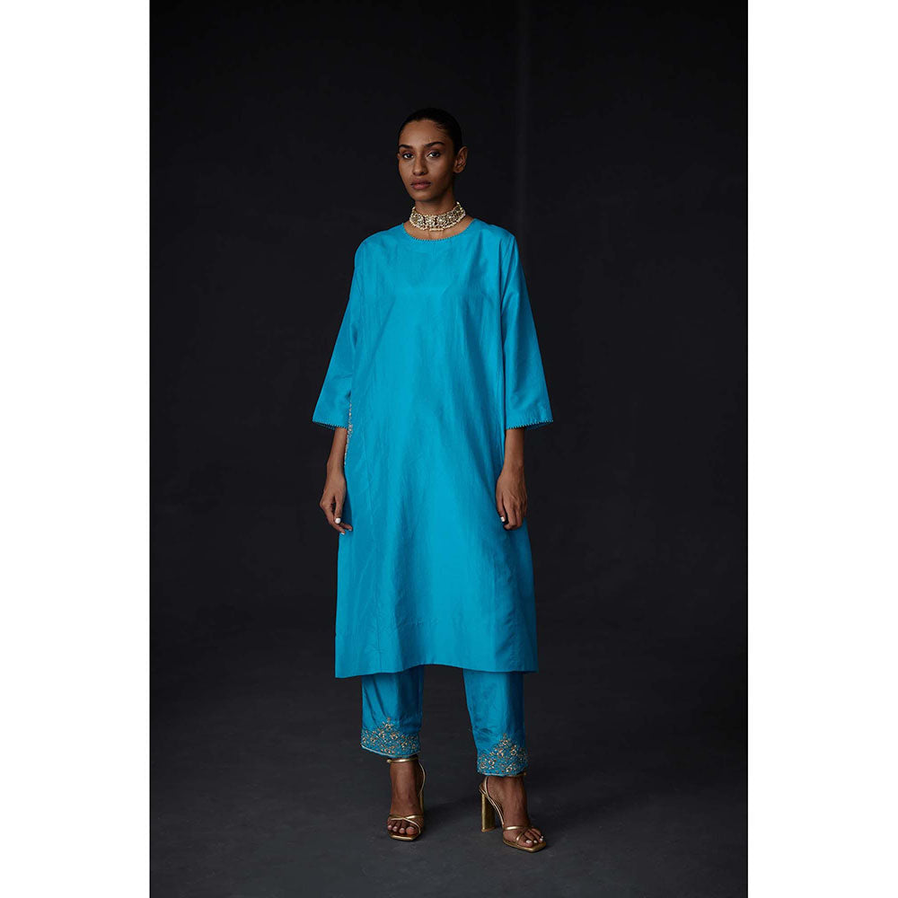BRIH Turquoise Embroidered Kurta with Pant (Set of 2)