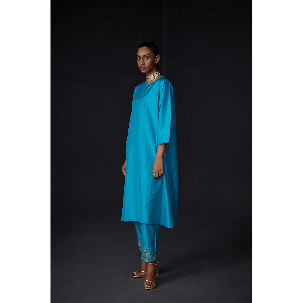BRIH Turquoise Embroidered Kurta with Pant (Set of 2)