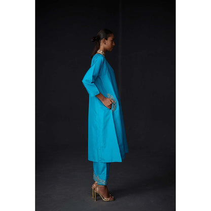 BRIH Turquoise Embroidered Kurta with Pant (Set of 2)