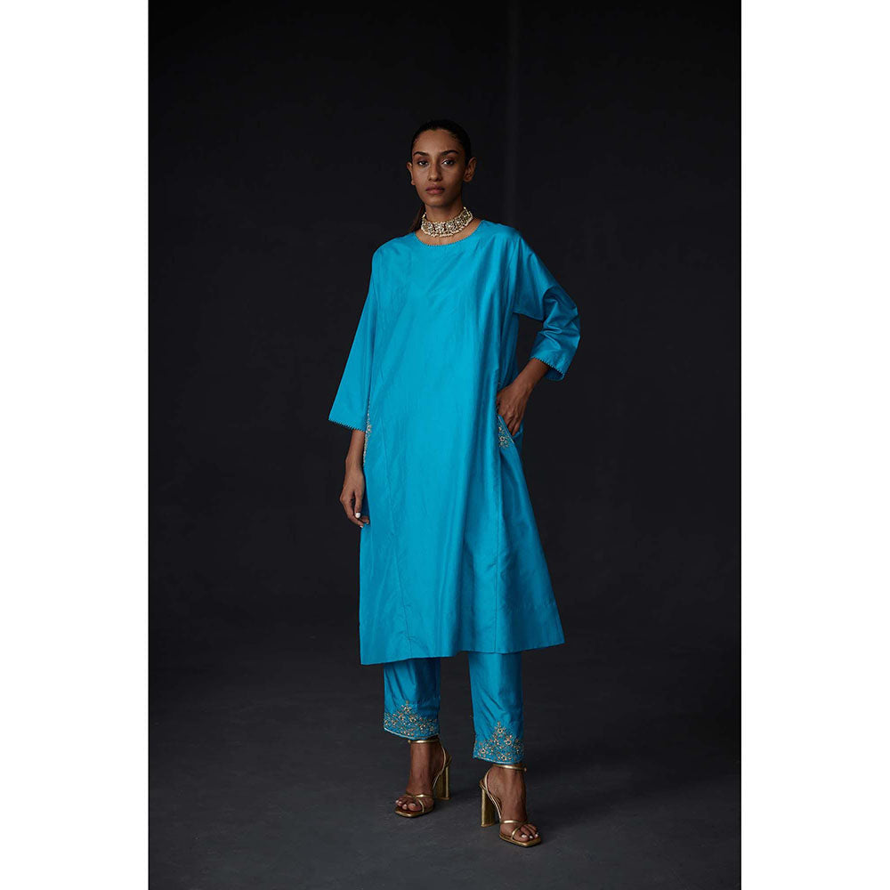 BRIH Turquoise Embroidered Kurta with Pant (Set of 2)