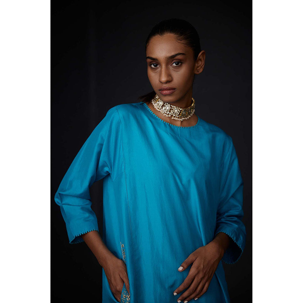 BRIH Turquoise Embroidered Kurta with Pant (Set of 2)