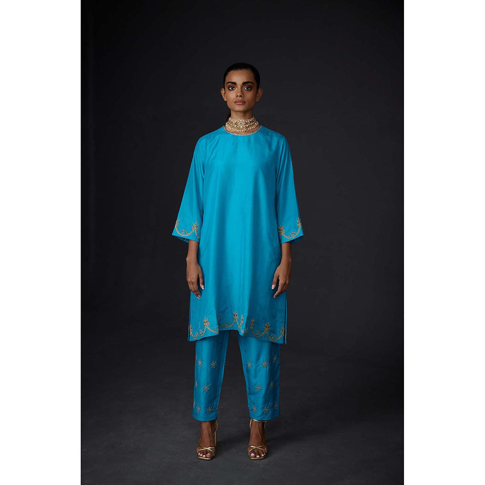 BRIH Turquoise Embroidered Kurta with Pant (Set of 2)