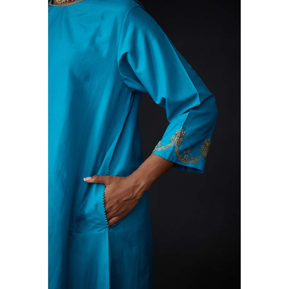 BRIH Turquoise Embroidered Kurta with Pant (Set of 2)