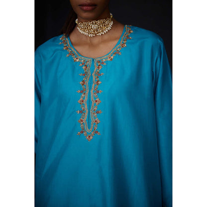 BRIH Turquoise Embroidered Kurta with Pant (Set of 2)