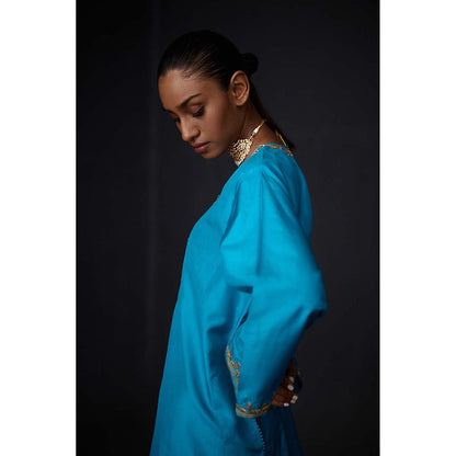 BRIH Turquoise Embroidered Kurta with Pant (Set of 2)