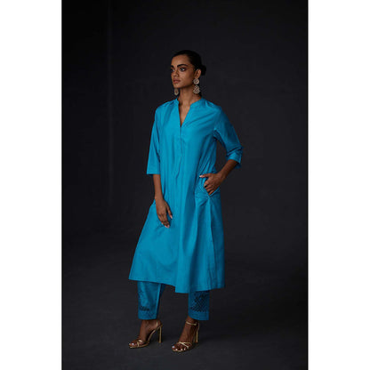 BRIH Turquoise Embroidered Kurta with Pant (Set of 2)