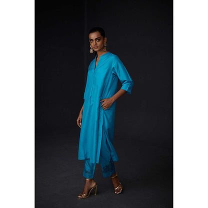 BRIH Turquoise Embroidered Kurta with Pant (Set of 2)