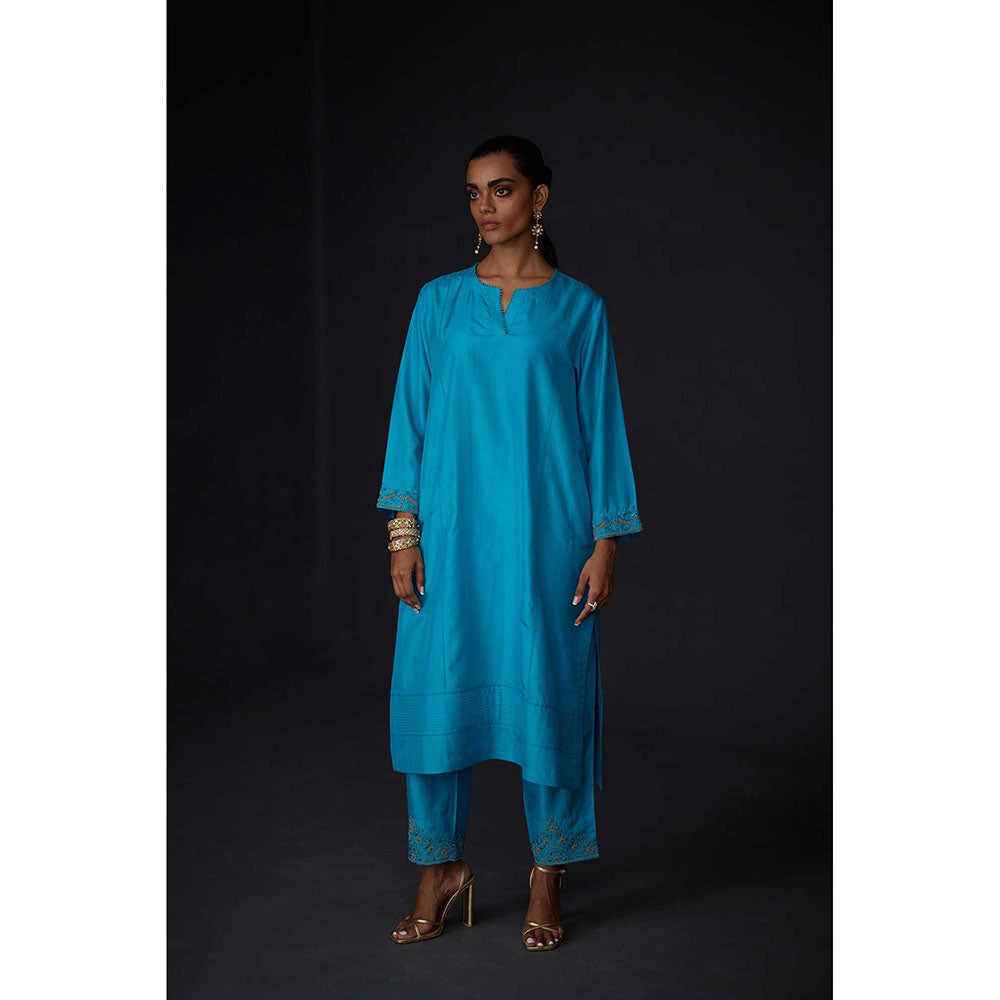 BRIH Turquoise Embroidered Kurta with Pant (Set of 2)