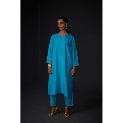 BRIH Turquoise Embroidered Kurta with Pant (Set of 2)