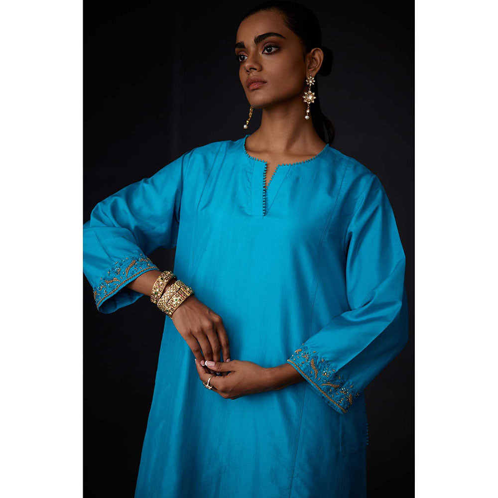 BRIH Turquoise Embroidered Kurta with Pant (Set of 2)