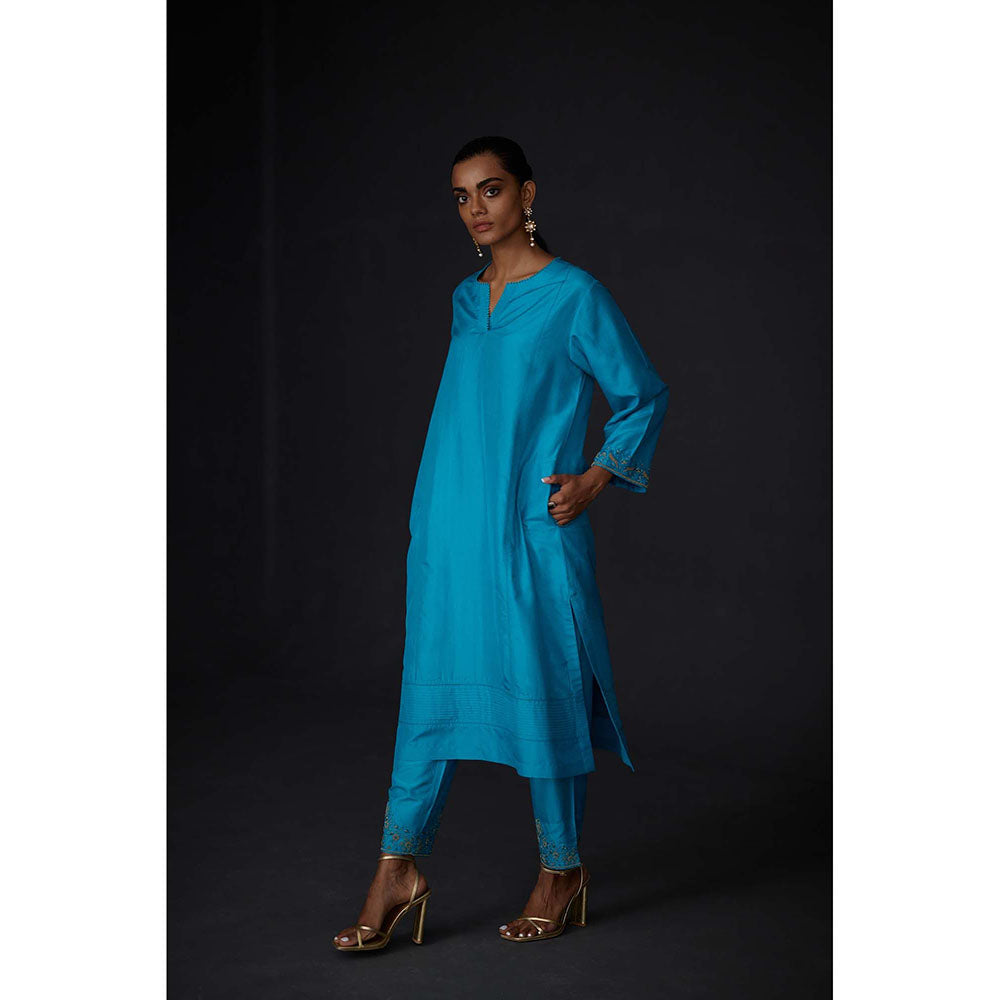 BRIH Turquoise Embroidered Kurta with Pant (Set of 2)