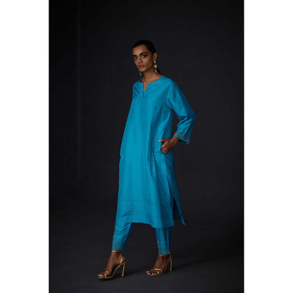 BRIH Turquoise Embroidered Kurta with Pant (Set of 2)
