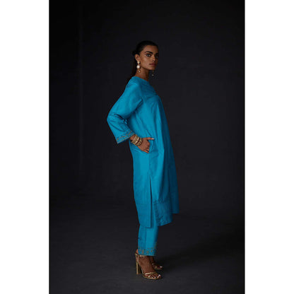 BRIH Turquoise Embroidered Kurta with Pant (Set of 2)