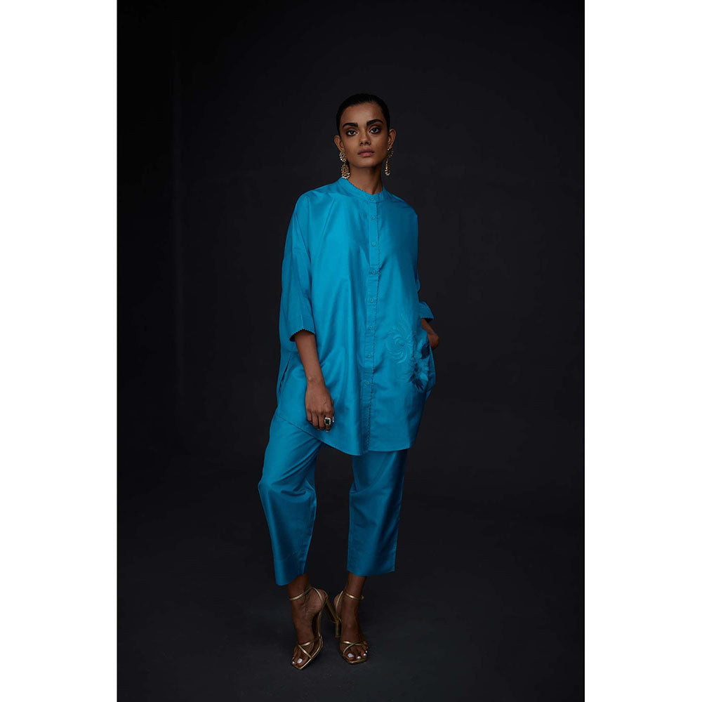 BRIH Turquoise Embroidered Tunic with Pant (Set of 2)