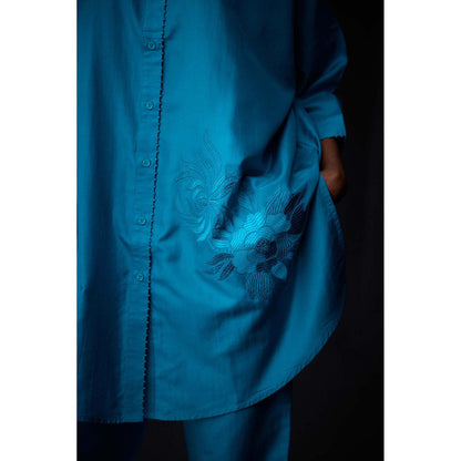 BRIH Turquoise Embroidered Tunic with Pant (Set of 2)
