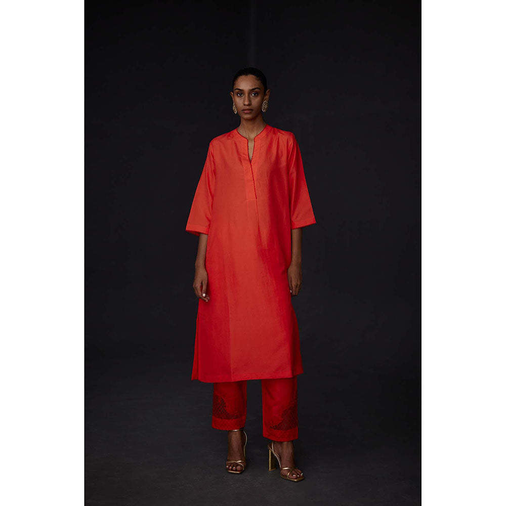 BRIH Scarlet Red Embroidered Kurta with Pant (Set of 2)