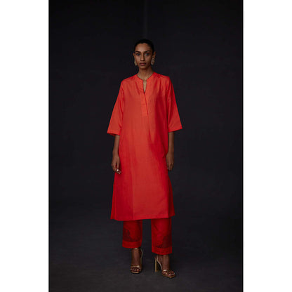 BRIH Scarlet Red Embroidered Kurta with Pant (Set of 2)