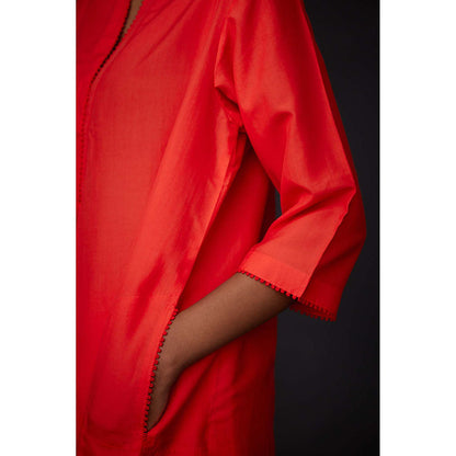 BRIH Scarlet Red Embroidered Kurta with Pant (Set of 2)