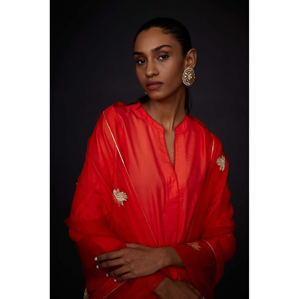 BRIH Scarlet Red Embroidered Kurta with Pant (Set of 2)