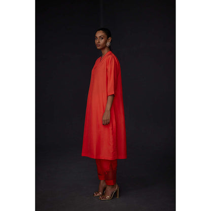 BRIH Scarlet Red Embroidered Kurta with Pant (Set of 2)