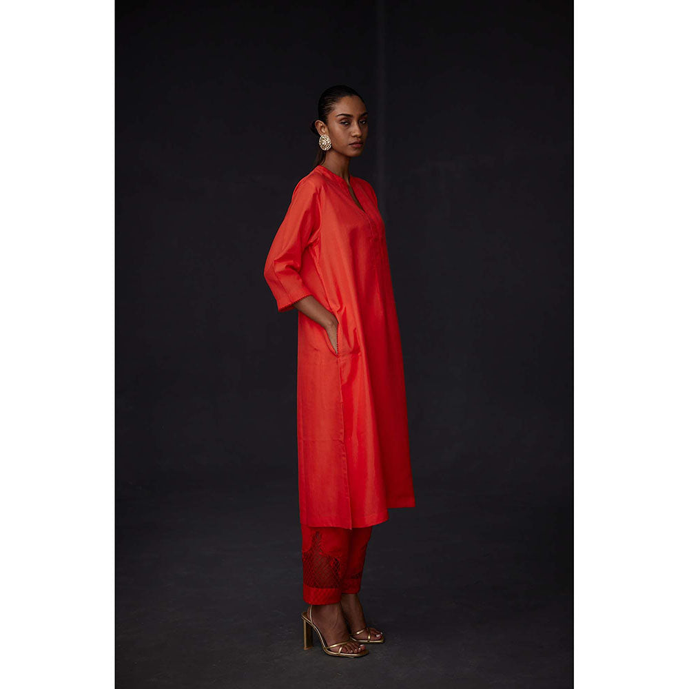 BRIH Scarlet Red Embroidered Kurta with Pant (Set of 2)