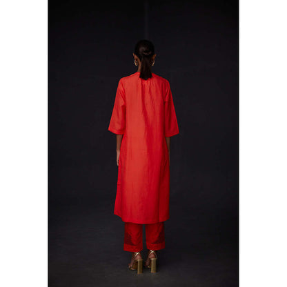 BRIH Scarlet Red Embroidered Kurta with Pant (Set of 2)