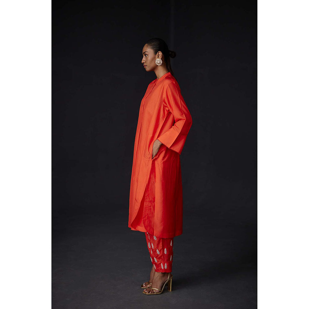 BRIH Scarlet Orange Embroidered Kurta with Pant (Set of 2)