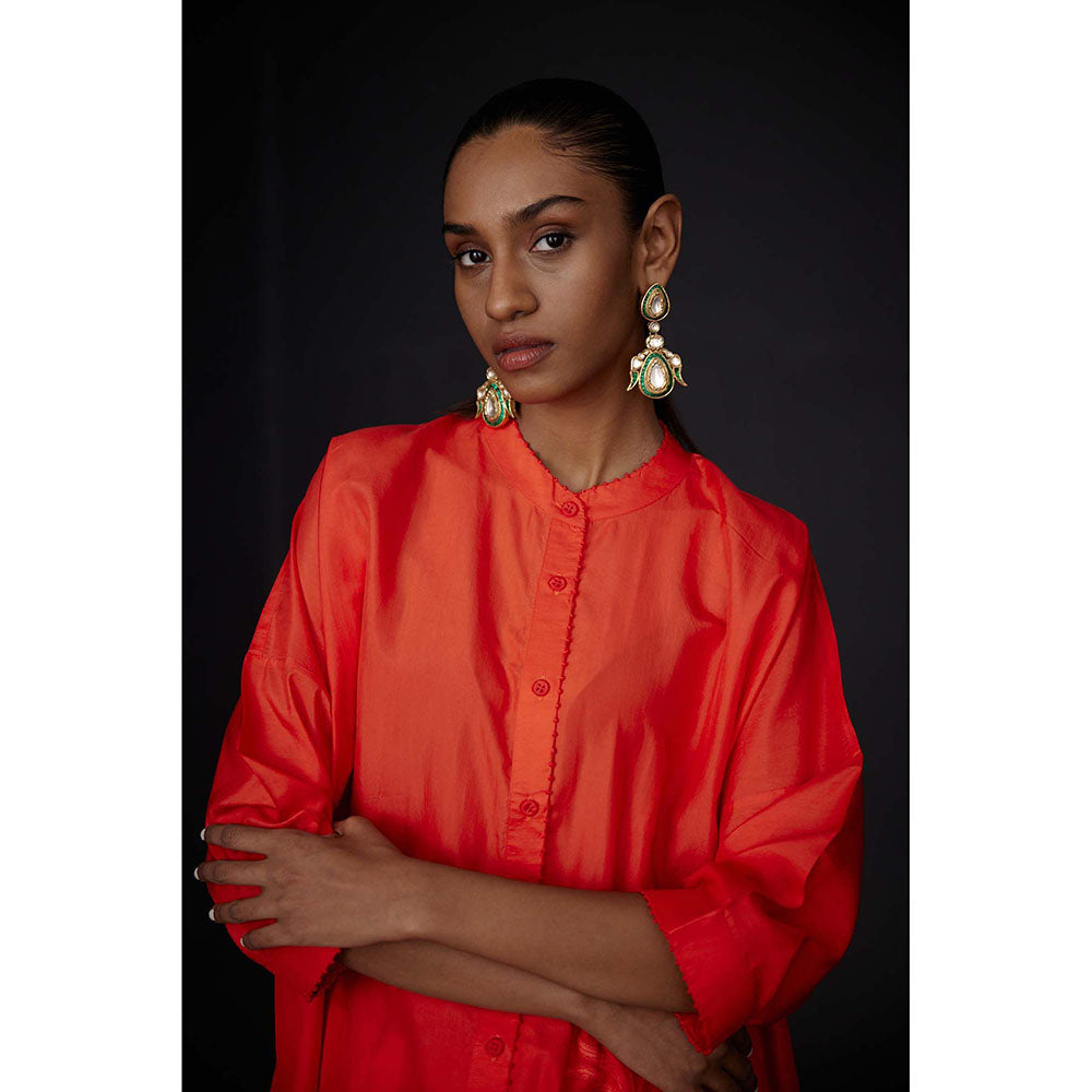 BRIH Scarlet Orange Embroidered Tunic with Pant (Set of 2)