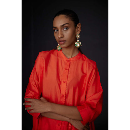 BRIH Scarlet Orange Embroidered Tunic with Pant (Set of 2)