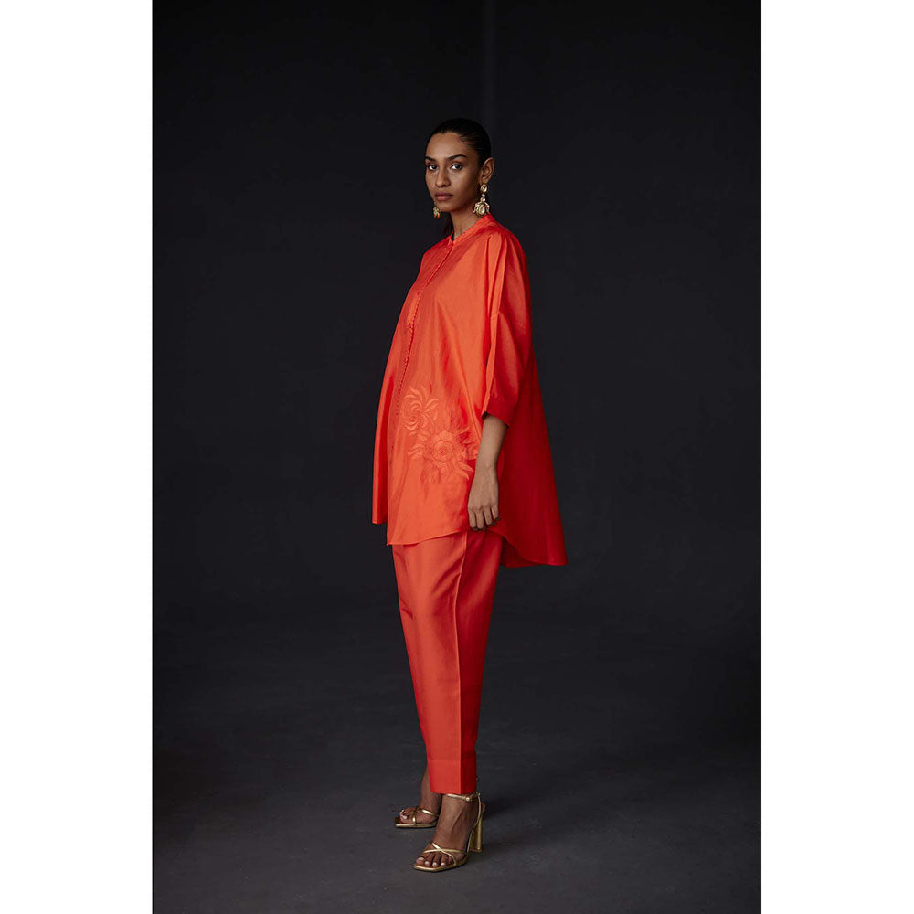 BRIH Scarlet Orange Embroidered Tunic with Pant (Set of 2)