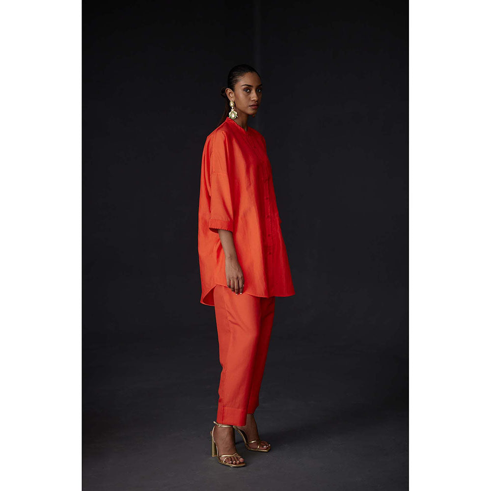 BRIH Scarlet Orange Embroidered Tunic with Pant (Set of 2)