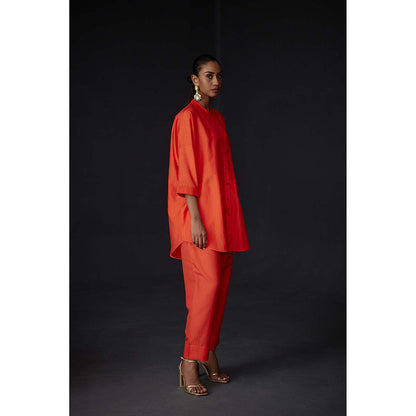 BRIH Scarlet Orange Embroidered Tunic with Pant (Set of 2)