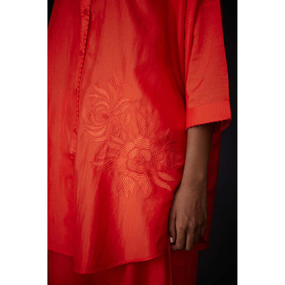 BRIH Scarlet Orange Embroidered Tunic with Pant (Set of 2)
