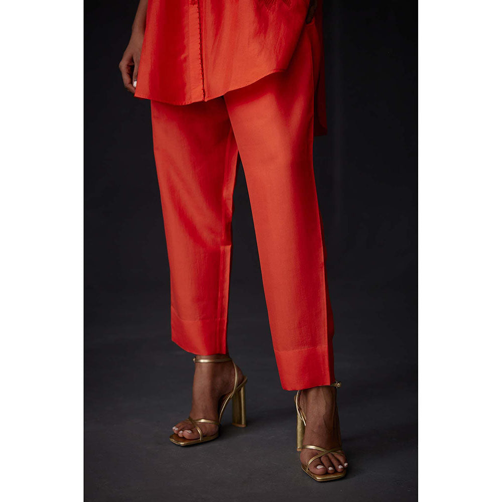 BRIH Scarlet Orange Embroidered Tunic with Pant (Set of 2)