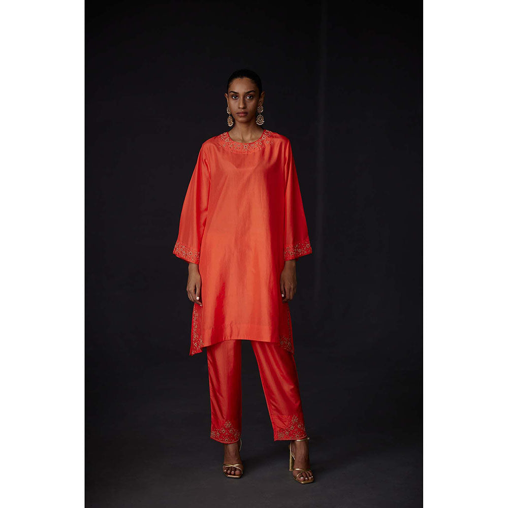 BRIH Scarlet Red Embroidered Kurta with Pant (Set of 2)