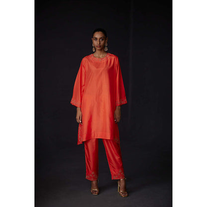 BRIH Scarlet Red Embroidered Kurta with Pant (Set of 2)