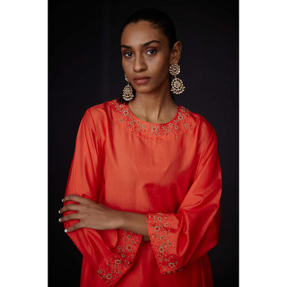 BRIH Scarlet Red Embroidered Kurta with Pant (Set of 2)