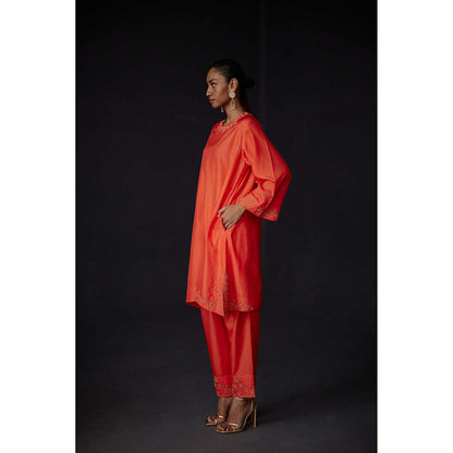 BRIH Scarlet Red Embroidered Kurta with Pant (Set of 2)