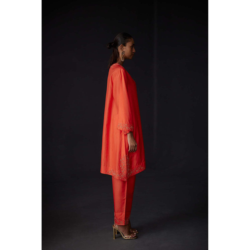 BRIH Scarlet Red Embroidered Kurta with Pant (Set of 2)