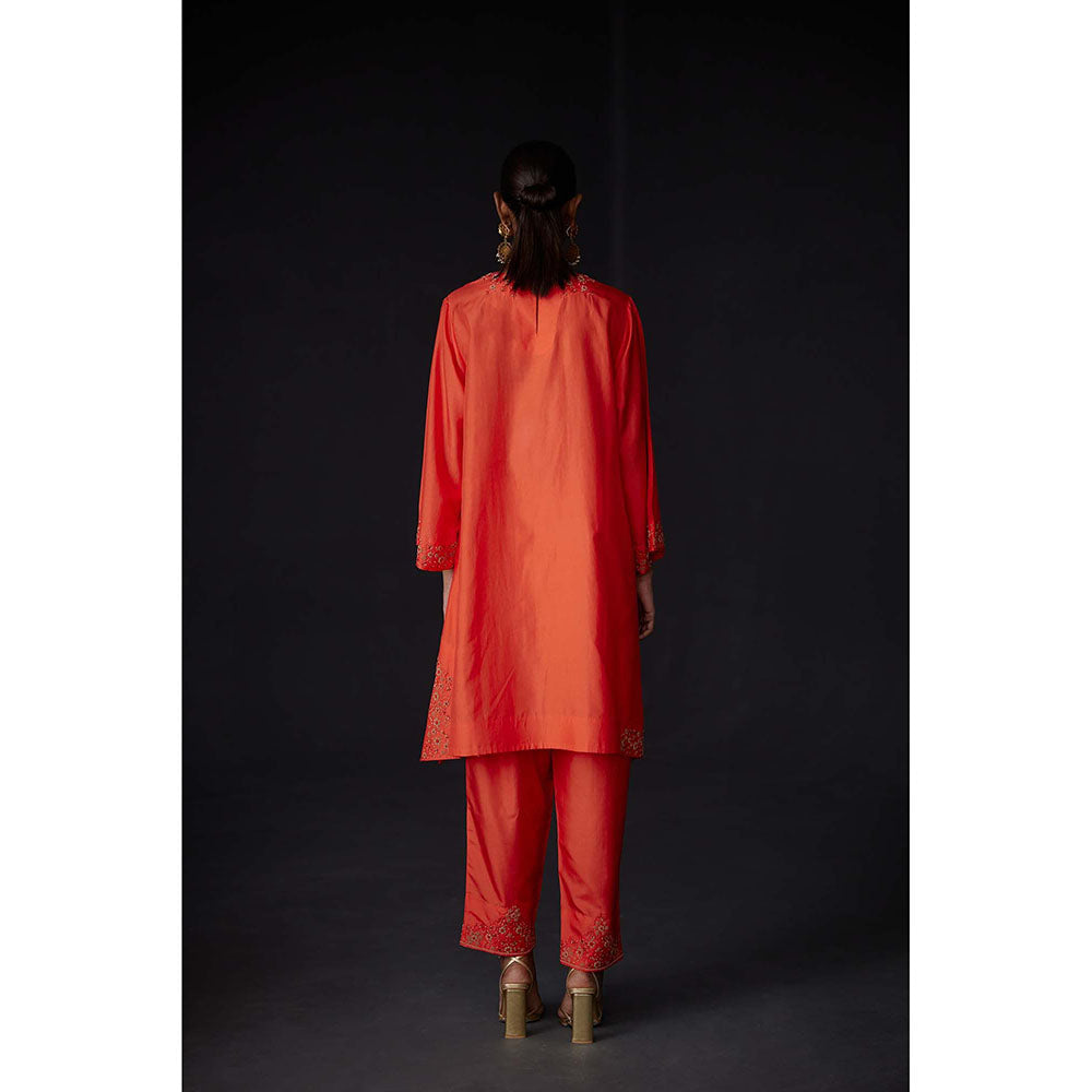 BRIH Scarlet Red Embroidered Kurta with Pant (Set of 2)