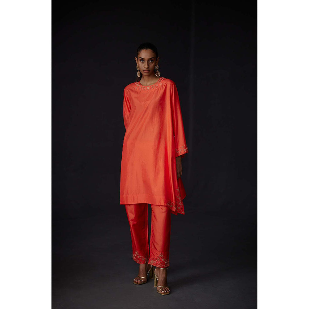 BRIH Scarlet Red Embroidered Kurta with Pant (Set of 2)