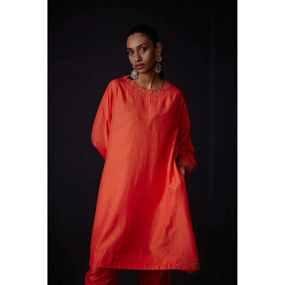 BRIH Scarlet Red Embroidered Kurta with Pant (Set of 2)