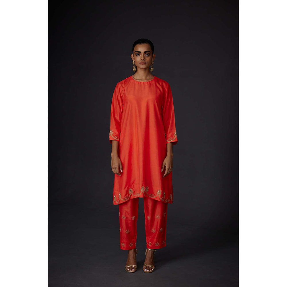 BRIH Scarlet Red Embroidered Kurta with Pant (Set of 2)