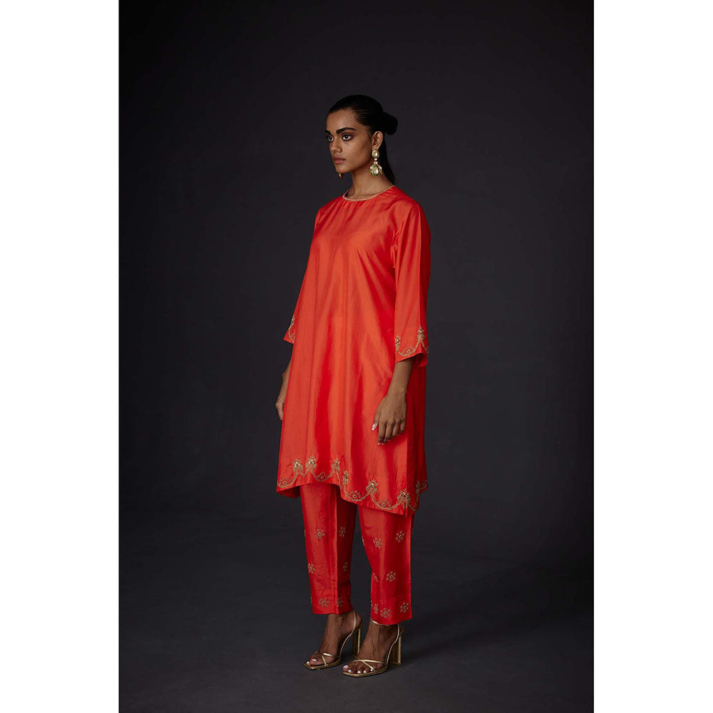 BRIH Scarlet Red Embroidered Kurta with Pant (Set of 2)