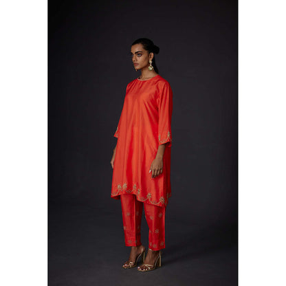 BRIH Scarlet Red Embroidered Kurta with Pant (Set of 2)