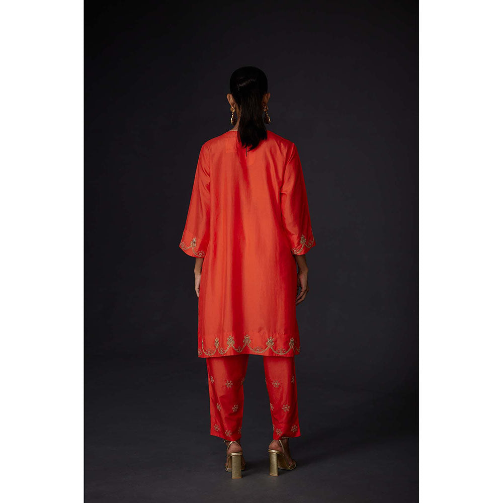 BRIH Scarlet Red Embroidered Kurta with Pant (Set of 2)