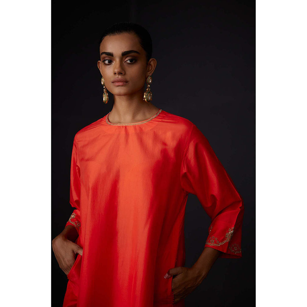 BRIH Scarlet Red Embroidered Kurta with Pant (Set of 2)