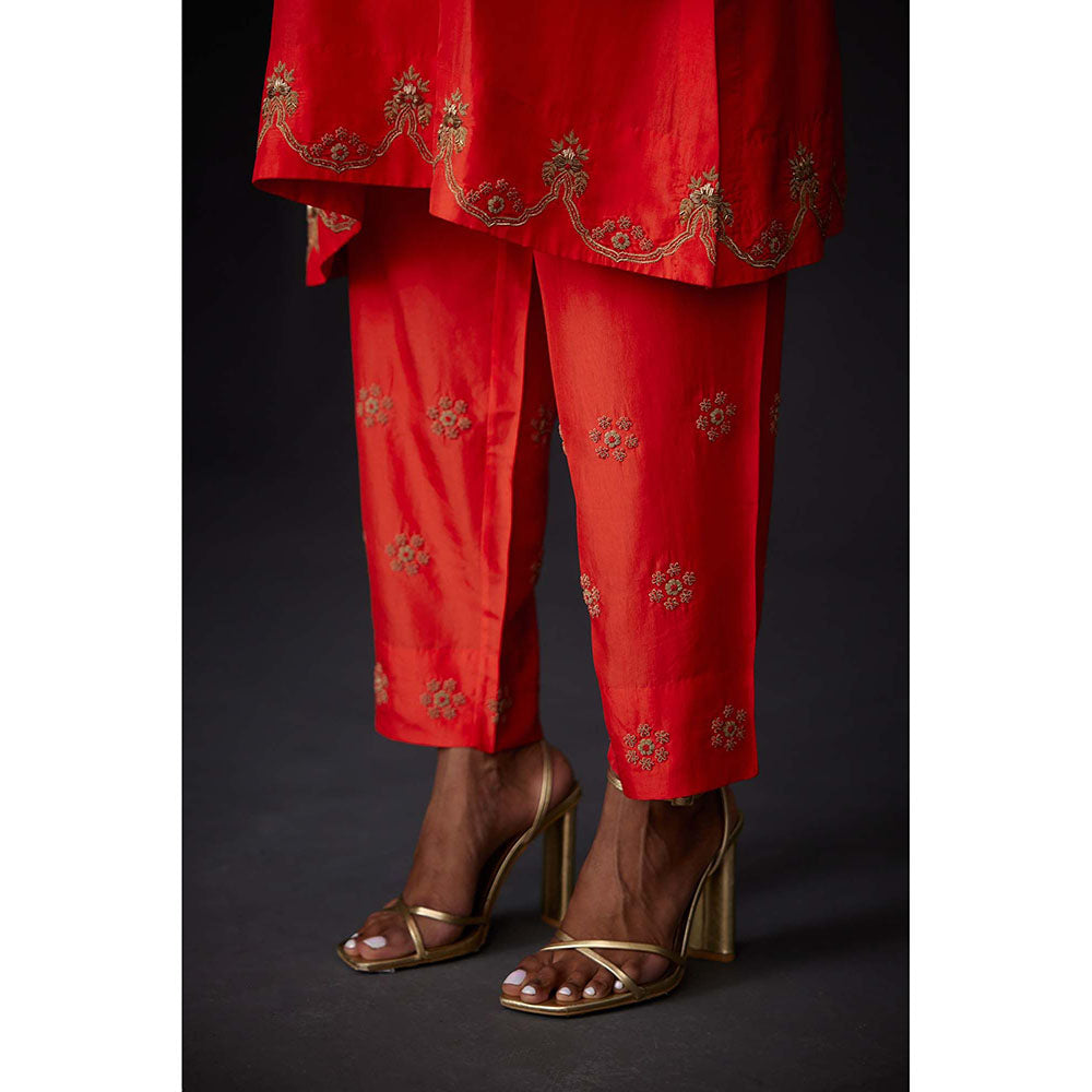 BRIH Scarlet Red Embroidered Kurta with Pant (Set of 2)