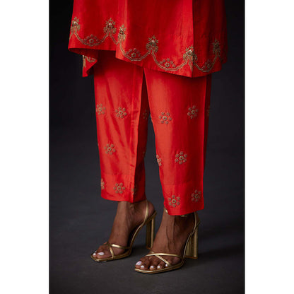 BRIH Scarlet Red Embroidered Kurta with Pant (Set of 2)